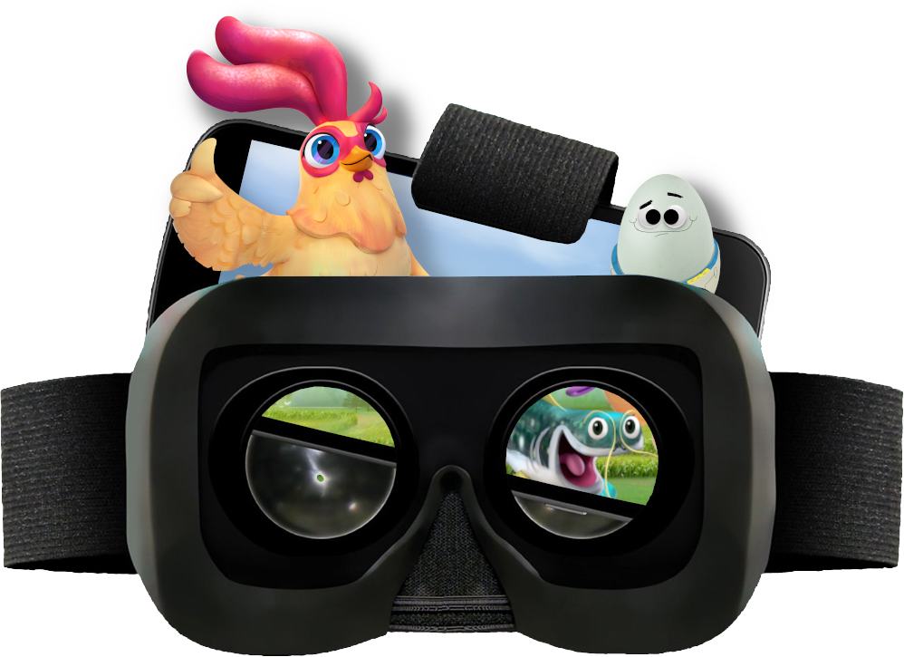 MULTIMEDIA STORY TELLING EXAMPLE WITH PHONE AND VR HEADSET FEATURING FUTURE CHICKEN CHARACTERS