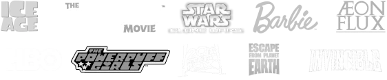 LOGOS FOR ICE AGE, ANGRY BIRDS MOVIE, STAR WARS CLONE WARS, BARBIE, AEON FLUX