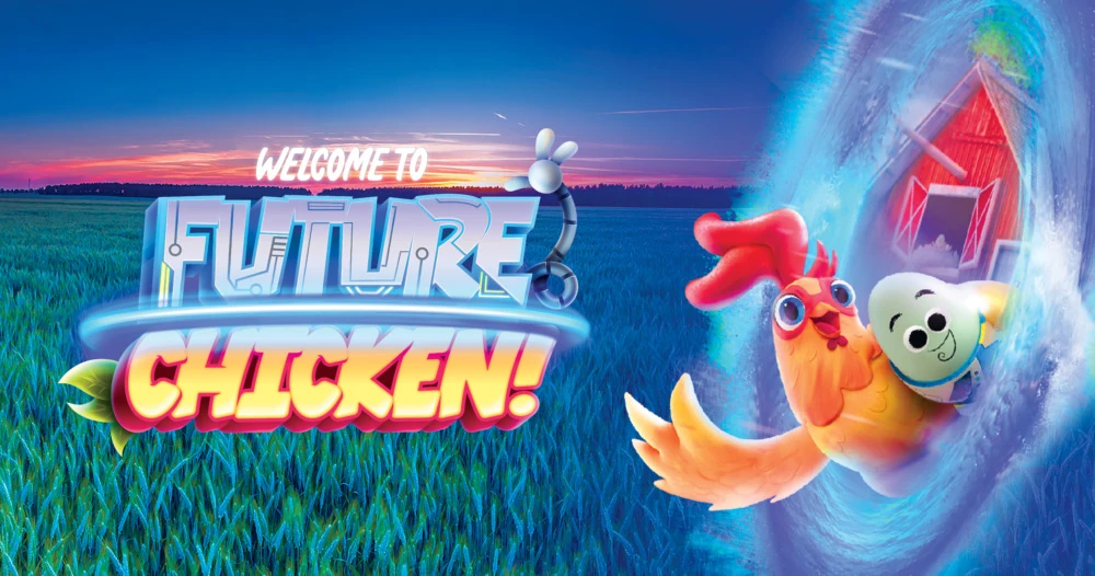 a poster that reads "welcome to future chicken" with two characters (a chicken and an egg) coming out of a portal