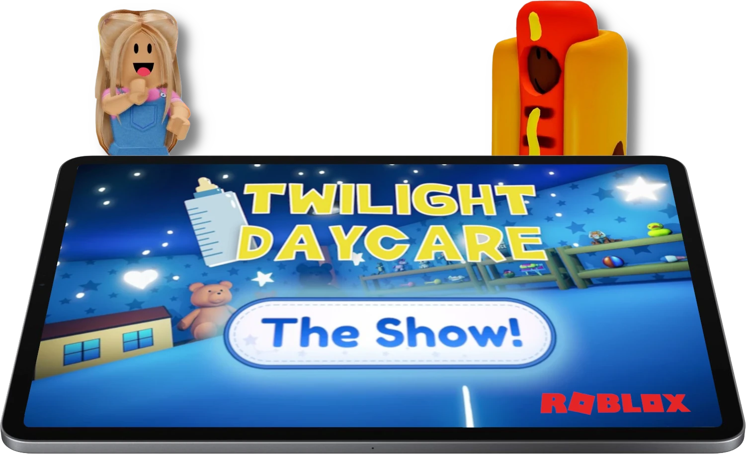 two characters dance behind an ipad displaying the twilight daycare the show logo