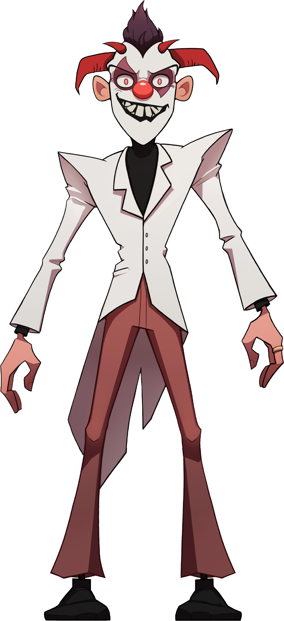 A scary looking clown named Jingle Jangle wearing a white tuxedo jacket and red pants