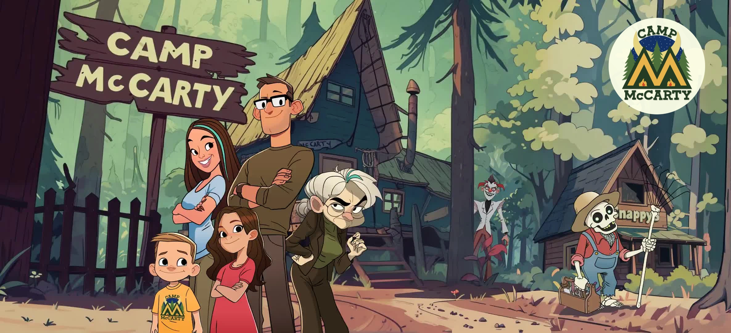 Artwork for the Camp McCarty reveal.  The family stands proudly in front of a creepy cabin, with Jingle Jangle (a clown) and Mr Bones (a skeleton) in the background