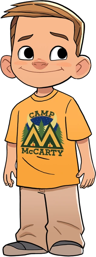 a boy stands proudly in his official Camp McCarty yellow t-shirt