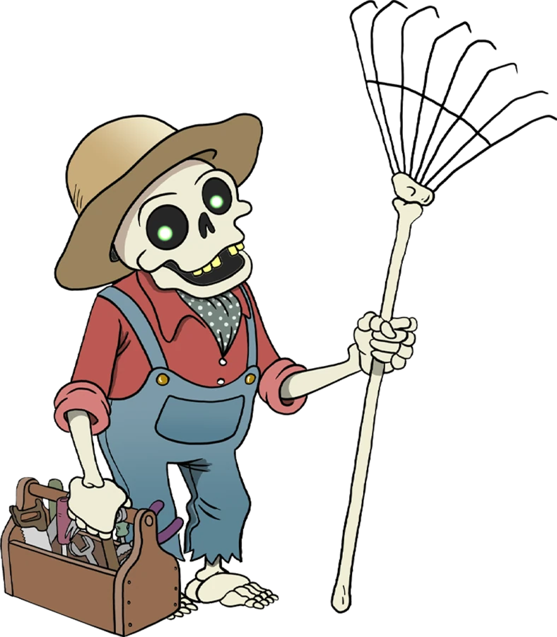 a short skeleton dressed in denim overalls and a red shirt, stands holding a rake and a toolbox.