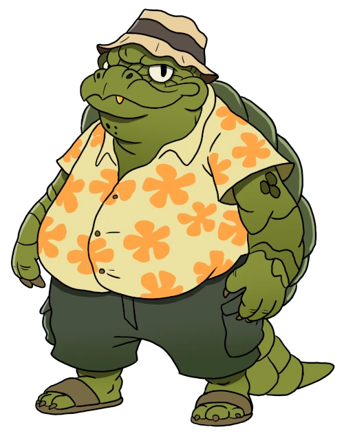 A turtle character wearing a Hawaiian shirt