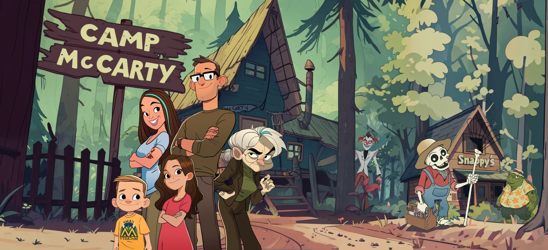 Artwork for the Camp McCarty reveal.  The family stands proudly in front of a creepy cabin, with Jingle Jangle (a clown) and Mr Bones (a skeleton) in the background