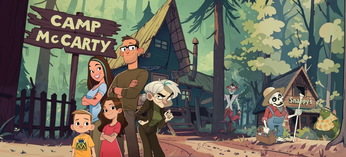 IMAGE OF THE MCCARTY FAMILY AND THE VARIOUS CHARCTERS AT THE CAMP