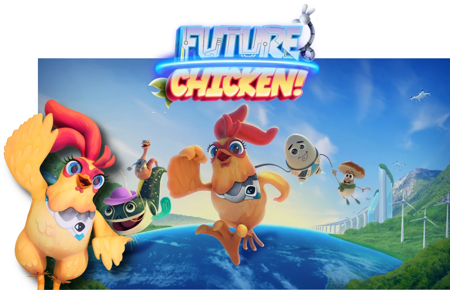 FUTURE-CHICKEN-HOME-BANNER REV4 Future Chicken standing in front of a Future Chicken poster