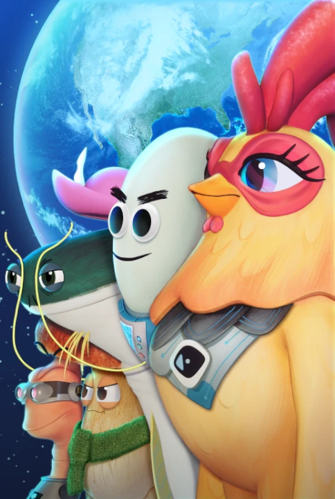 INVINCIBLE-POSTER-SQUARE NEW Future Chicken and friends stand heroically in a line in front of planet earth