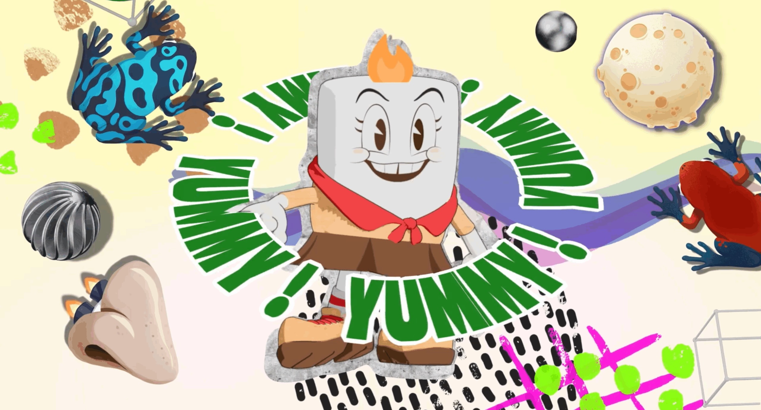 A cheerful marshmallow-headed character with a flame-shaped tuft on top, wearing a red bandana, tan vest, brown skirt, and hiking boots, surrounded by repeated "YUMMY!" text in green lettering. Around the character float a collage of mixed-media elements: a blue poison dart frog, scattered rocks, a moon and a gray sphere, a spiky metallic ball, an nose, a red frog with blue hands, and pink marks with green dots, all set against a pale yellow background.