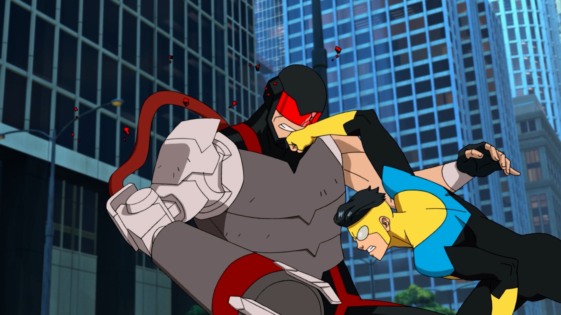 A yellow, blue, and black-suited superhero with black hair punches a hulking figure in red, black, and gray armor with a red visor and a red cable trailing from his arm. The two are locked in an intense mid-air clash above a city street lined with tall glass skyscrapers, with small red debris particles scattered around them. The dynamic action pose and dramatic lighting give the scene a high-energy, animated superhero-fight feel.