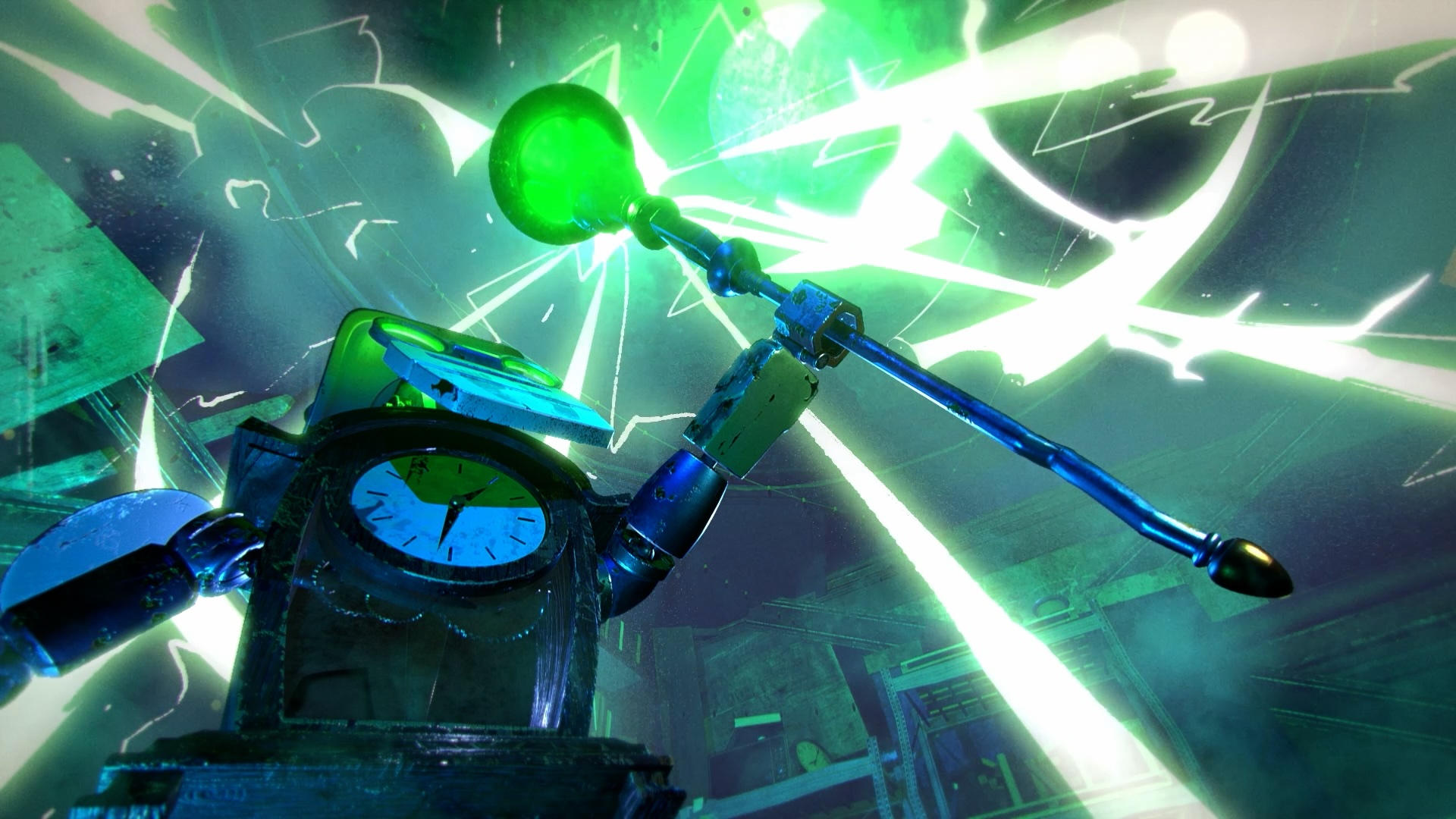 A robot with a clock face embedded in its chest raises a long metal staff topped with a glowing green orb, which crackles with electric energy and bright white lightning bolts against a dark background. The dramatic lighting and jagged energy effects give the scene an intense, action feel.