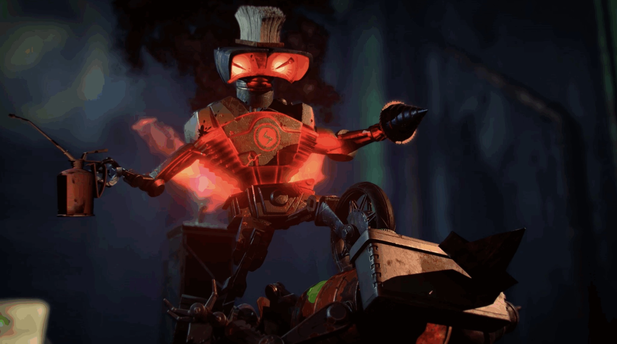A menacing scrap-built robot glows red from within its chest and eyes, with a tattered white plume or brush-like piece on its head. One arm ends in a spiked drill-like weapon, while the other holds an old oil can, and the character stands atop a pile of junk and scrap metal. The dark, moody lighting and haze give the scene a gritty, industrial atmosphere.