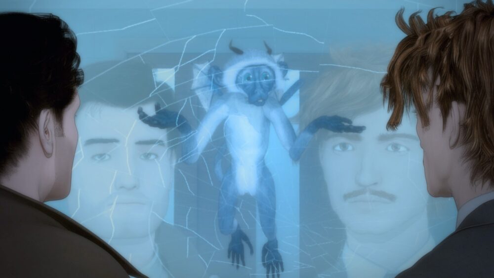 Psi Cops lead characters stare at a monkey behind the glass
