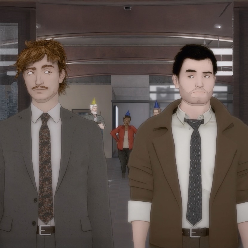 Two men in suits stand in the foreground, looking off to the side with serious expressions — one with auburn hair and a mustache in a gray suit, the other with dark hair and stubble in an open brown blazer. In the blurred background, people in colorful party hats mill around near a doorway, hinting at an office celebration. The image has a stylized 3D-animation look.
