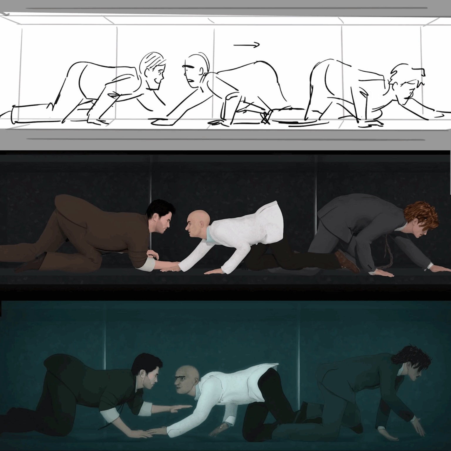 Three-panel production comparison showing three men crawling on their hands and knees in a confined space. The top panel shows rough line-art storyboard sketches, the middle panel shows a mid-tone colored version with lighting and shading added, and the bottom panel shows a final teal-toned version with darker, moodier lighting.