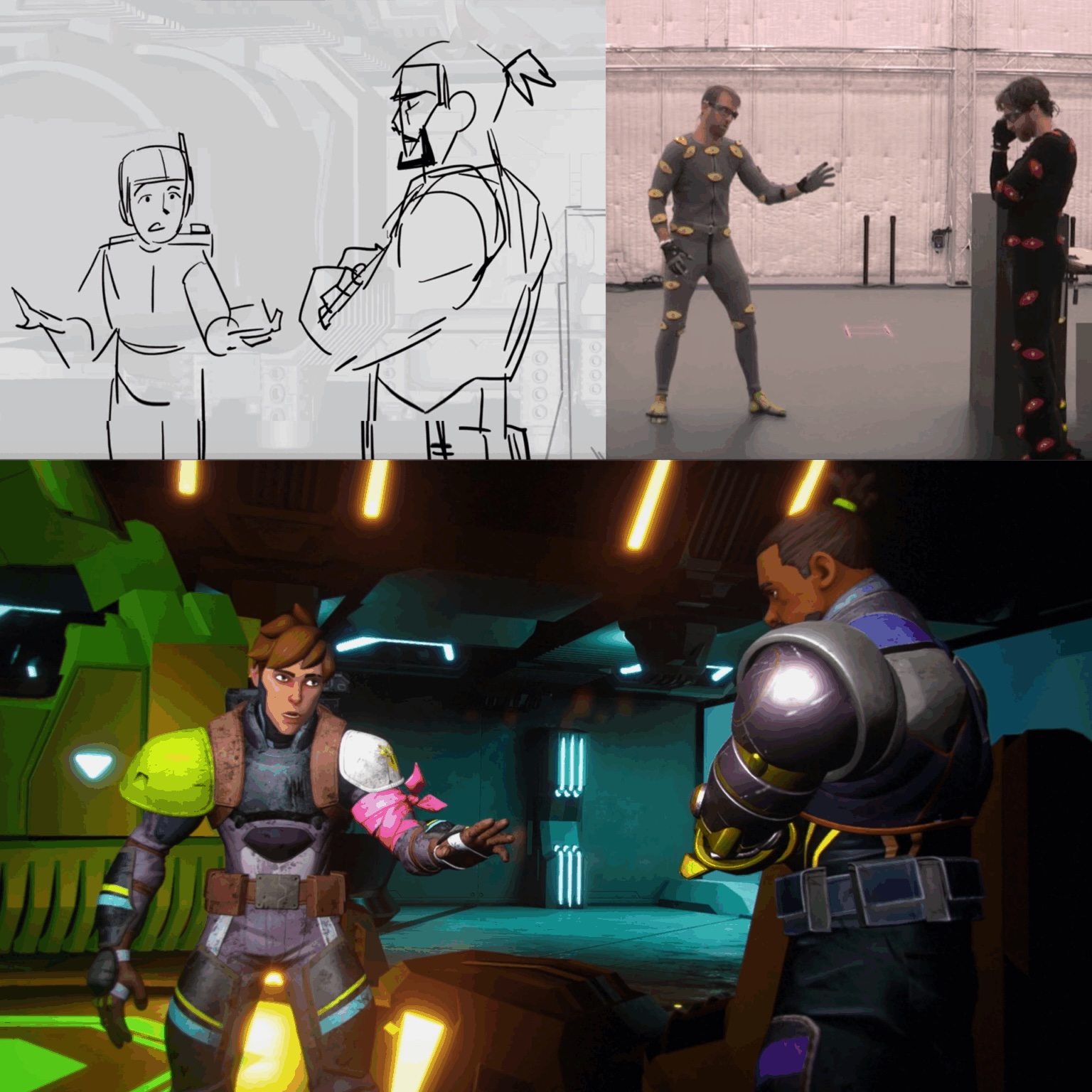 A three-panel production breakdown showing the animation pipeline for a sci-fi scene. The top left panel shows rough storyboard sketches of two characters gesturing during a conversation. The top right panel shows two performers in motion-capture suits covered in tracking markers, acting out the scene in a studio. The bottom panel shows the finished 3D-animated result: a man in worn armor with a pink ribbon on his arm reaching toward a man in armor, standing in a glowing teal spaceship corridor.