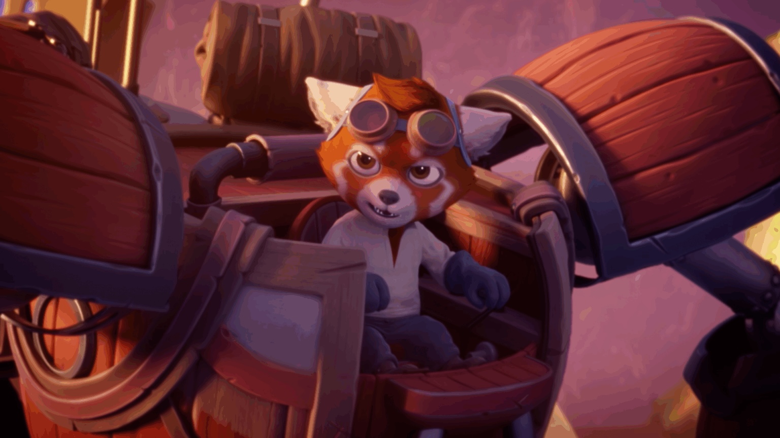 An animated fox-like character wearing goggles sits inside a wooden, steampunk-style vehicle, surrounded by large wooden barrels, pipes, and mechanical parts.