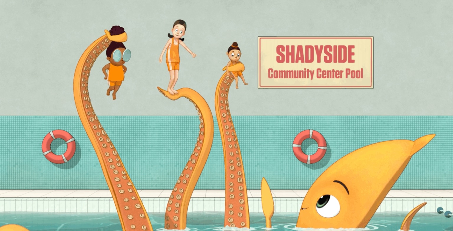 Three children play on large orange octopus tentacles rising from a swimming pool, while a giant orange squid-like character swims. A sign on the wall reads “Shadyside Community Center Pool,” with two red-and-white life buoys hanging nearby.