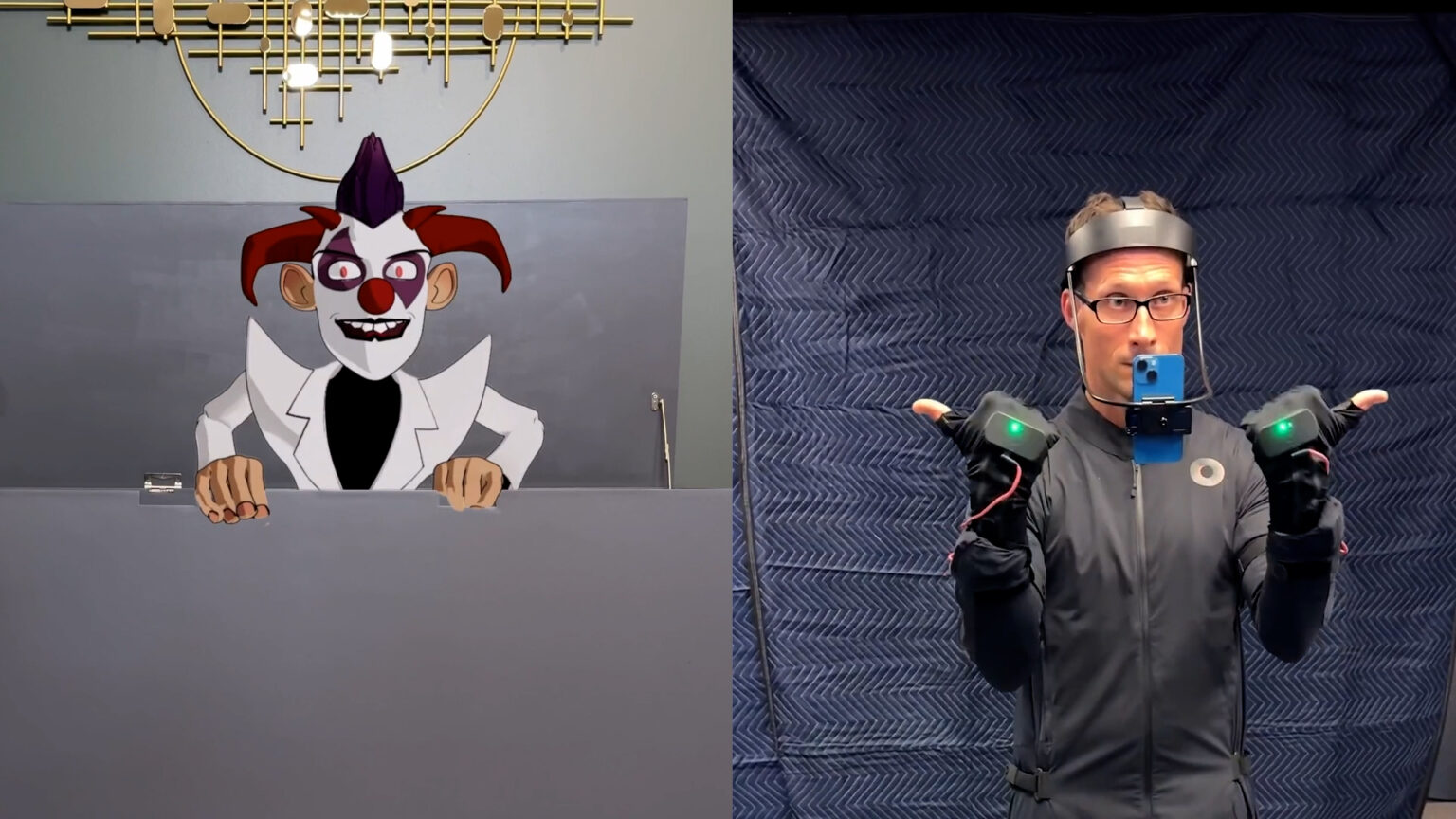 Split-screen image showing an animated clown-like character in a white suit on the left and a man wearing a motion capture suit and tracking equipment in a recording studio on the right.